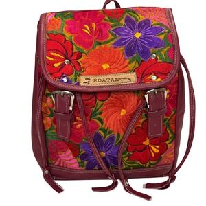 Roatan Boho Floral Embroidered Backpack Burgundy Vegan Leather Hippie Colorful